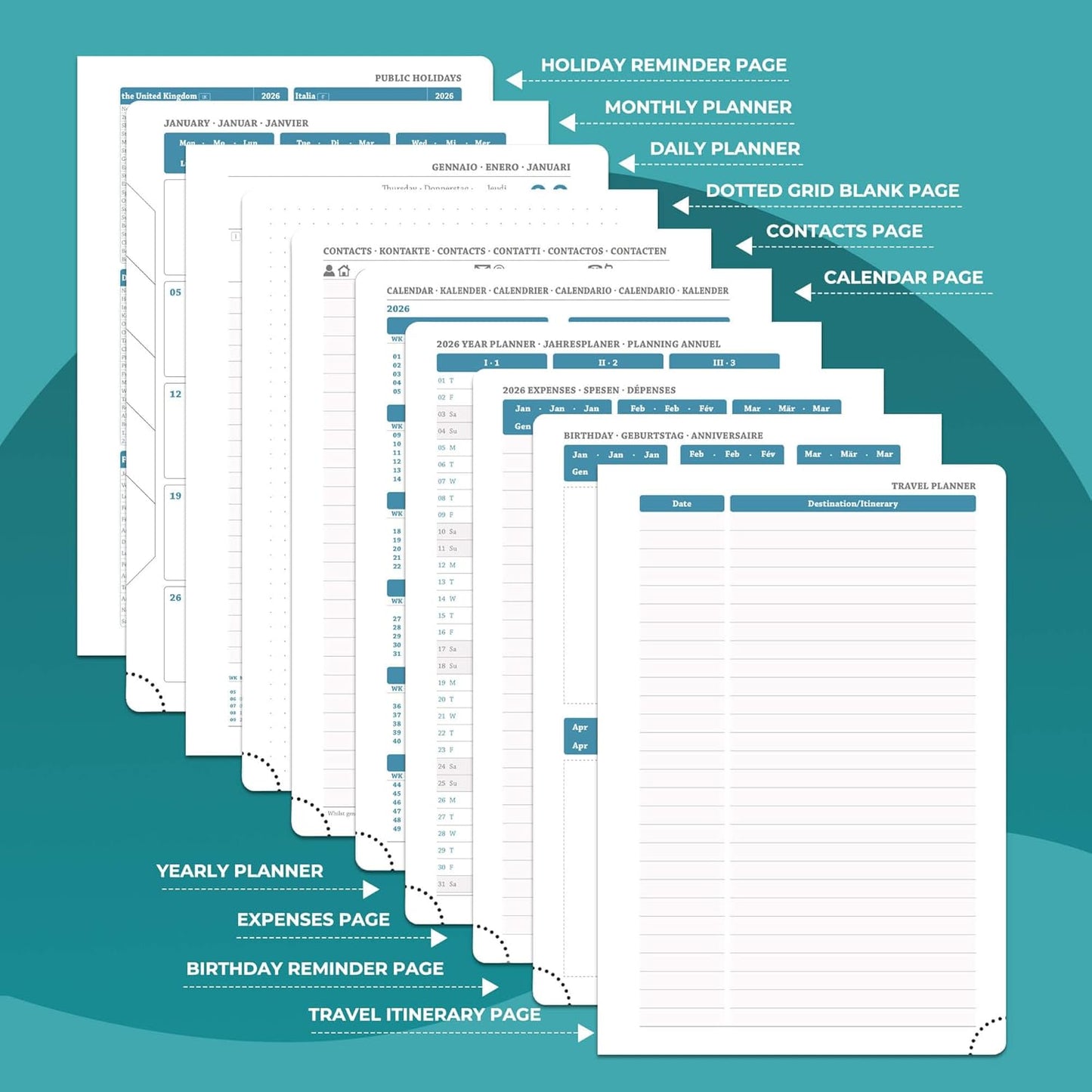 Daily Planner 2026 with One Page Per Day,(A5-8.5" x 5.9"),12 Months Calendar Hourly Appointment Book Monthly Tabs & Self-adhesive Pen Holder,Inner Pocket, Vegan Leather Hardback,Light Blue