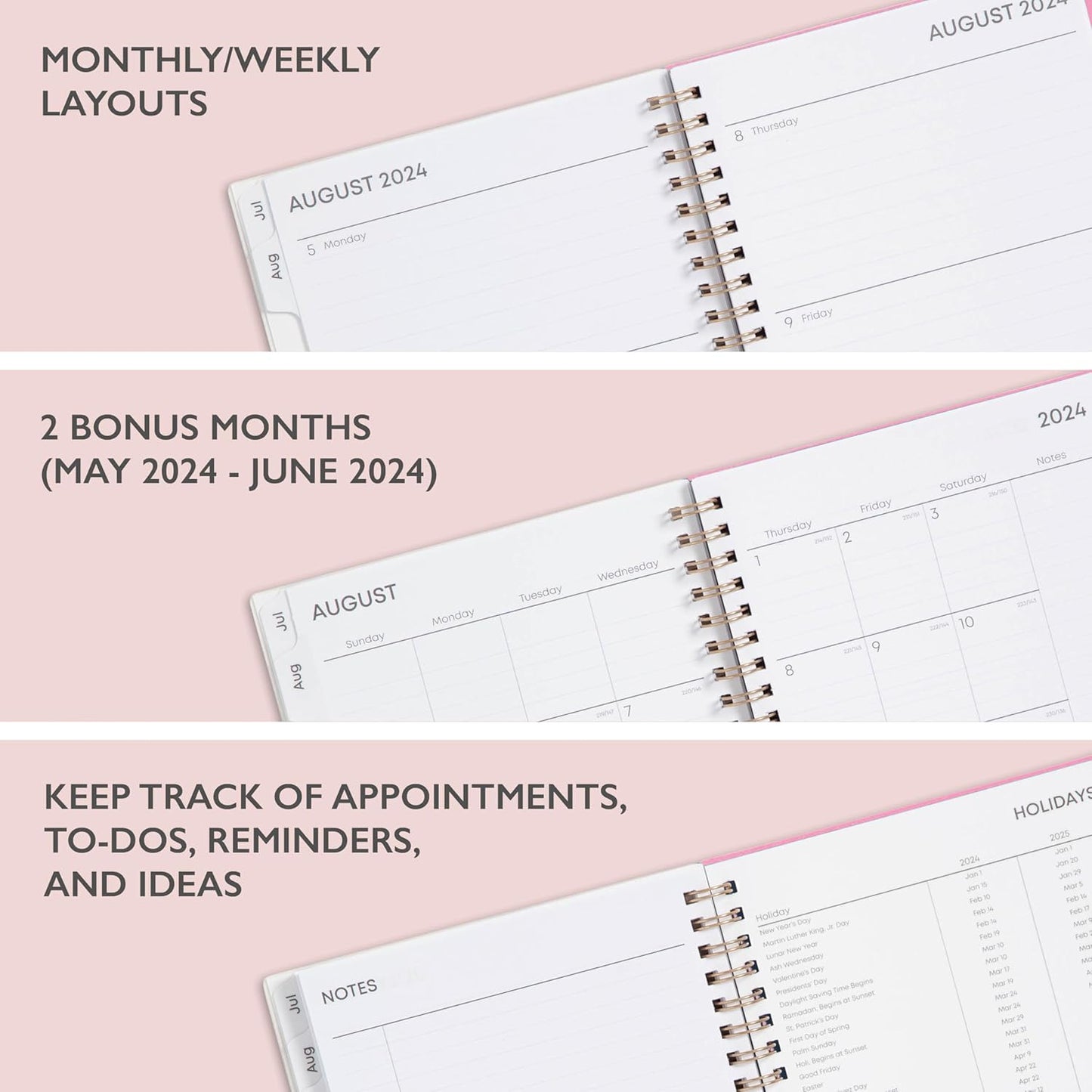 Blue Sky 2024-2025 Academic Year Weekly and Monthly Planner, July 2024 – June 2025, 5" x 8", Frosted Flexible Cover, Wirebound, Roosevelt Pink (150151)