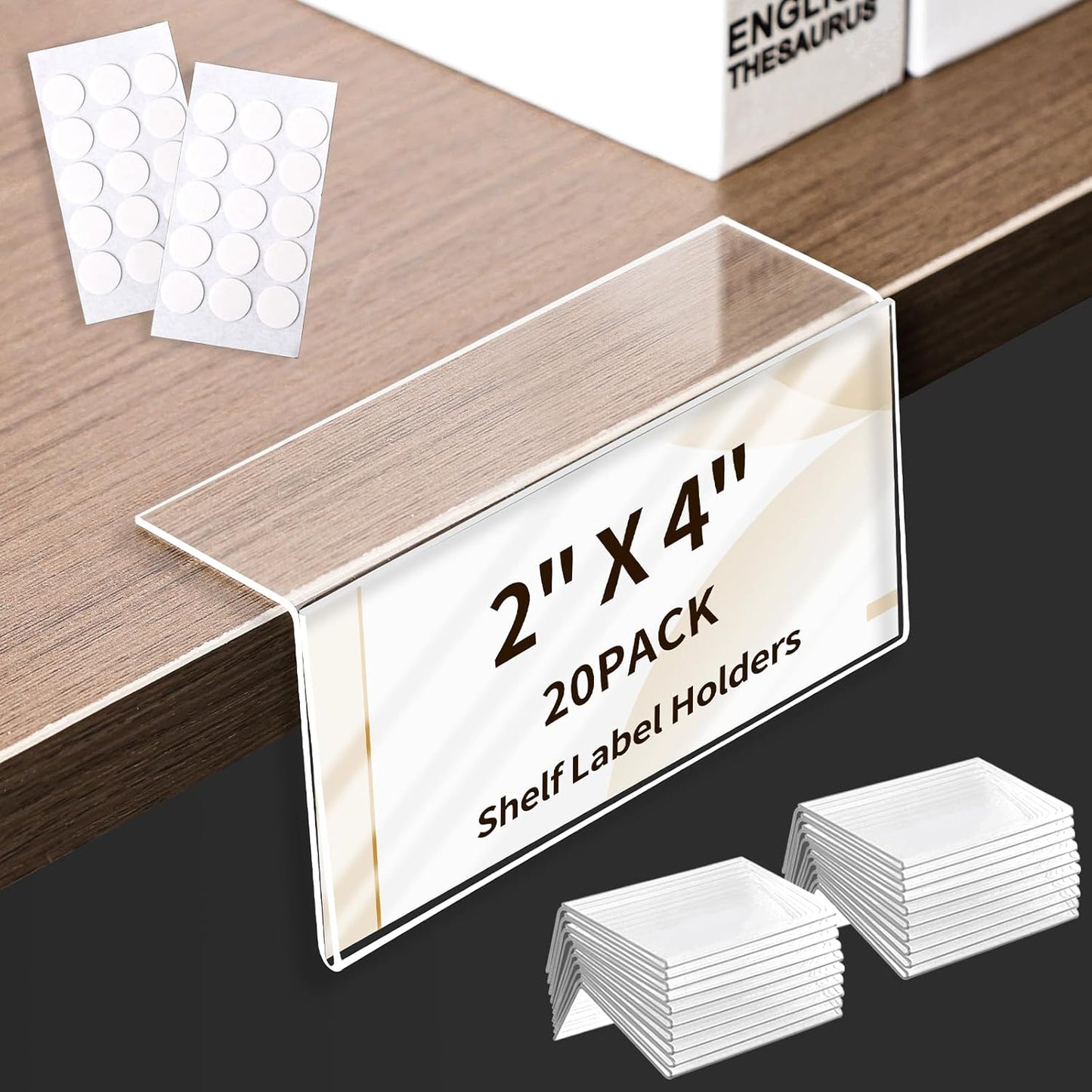 20 Pack Acrylic Rigid Library Shelf Label Holders for School Office Library Book Shelves Tags Shelf Labels with Sticky Dots, Transparent Tabletop Price Sign Stand for Store Bakeries (2x4 in)