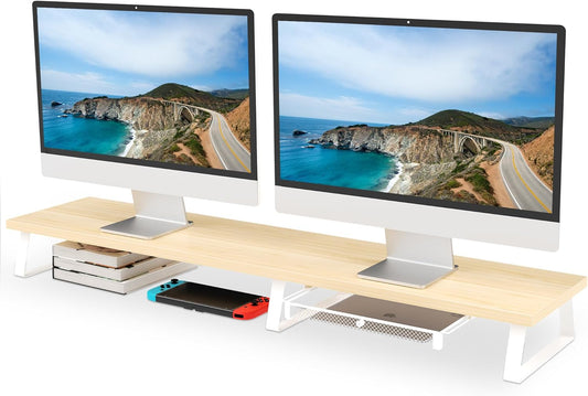 Aothia Dual Monitor Stand Riser - Monitor Stand with Drawer,Monitor Stand For 2 Monitors, Desk Shelf For Monitor with Metal Legs, Wood Monitor Stand with Storage Organize For Pc,Laptop,Screen (Oak)