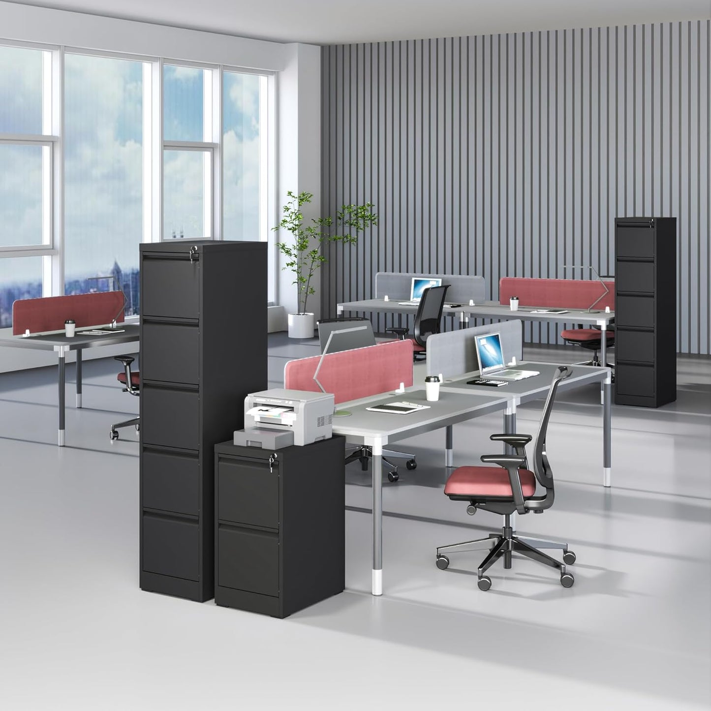 5 Drawer File Cabinet with Lock, Vertical Filing Cabinets for Home Office, Locking File Cabinet Hanging Files for A4/ Legal/Letter, Require Assembly, Black