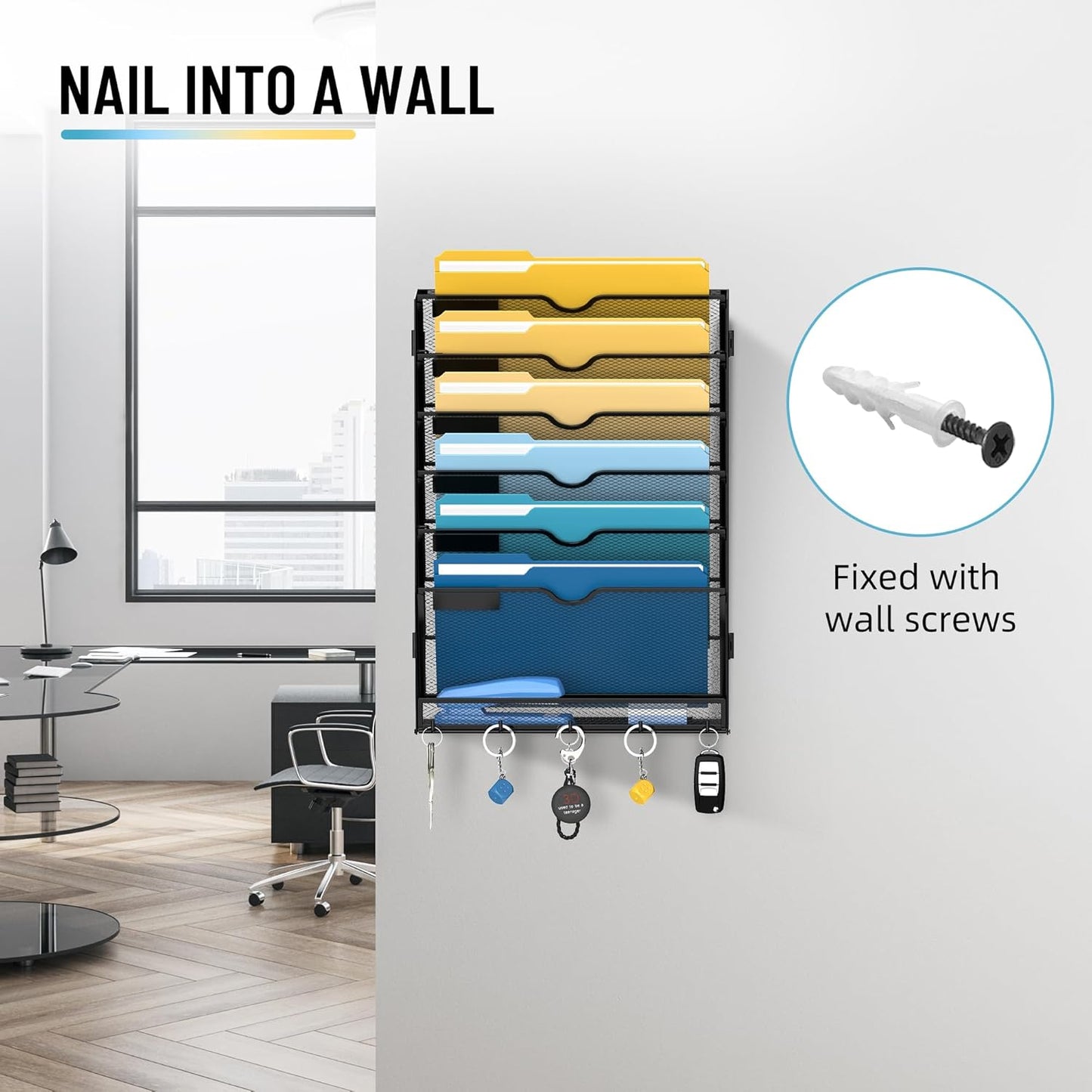 SUPEASY 7-Tier Wall File Holder Organizer with Hooks, Mesh Hanging File Organizer, Mail Organizer Wall Mounted for Papers, Folders, Office Magazine Rack, Assembly Needed, Black