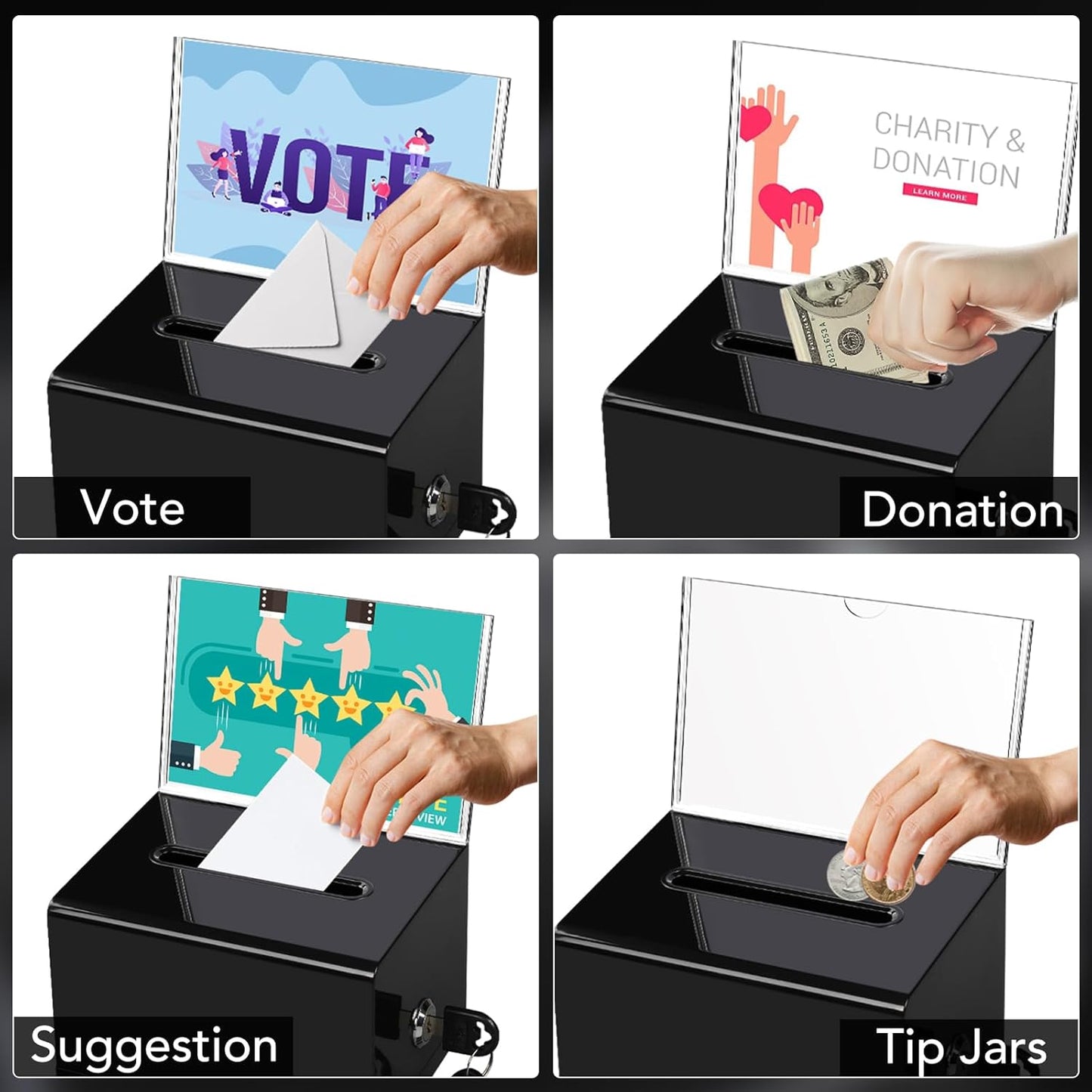 VOISEN Acrylic Donation Box with Lock, Black Ballot Box with Sign Holder, 2 Pack Suggestion Boxes for Fundraising, Donation, Bar, School Voting, 6.2x4.6x3.9 Inch
