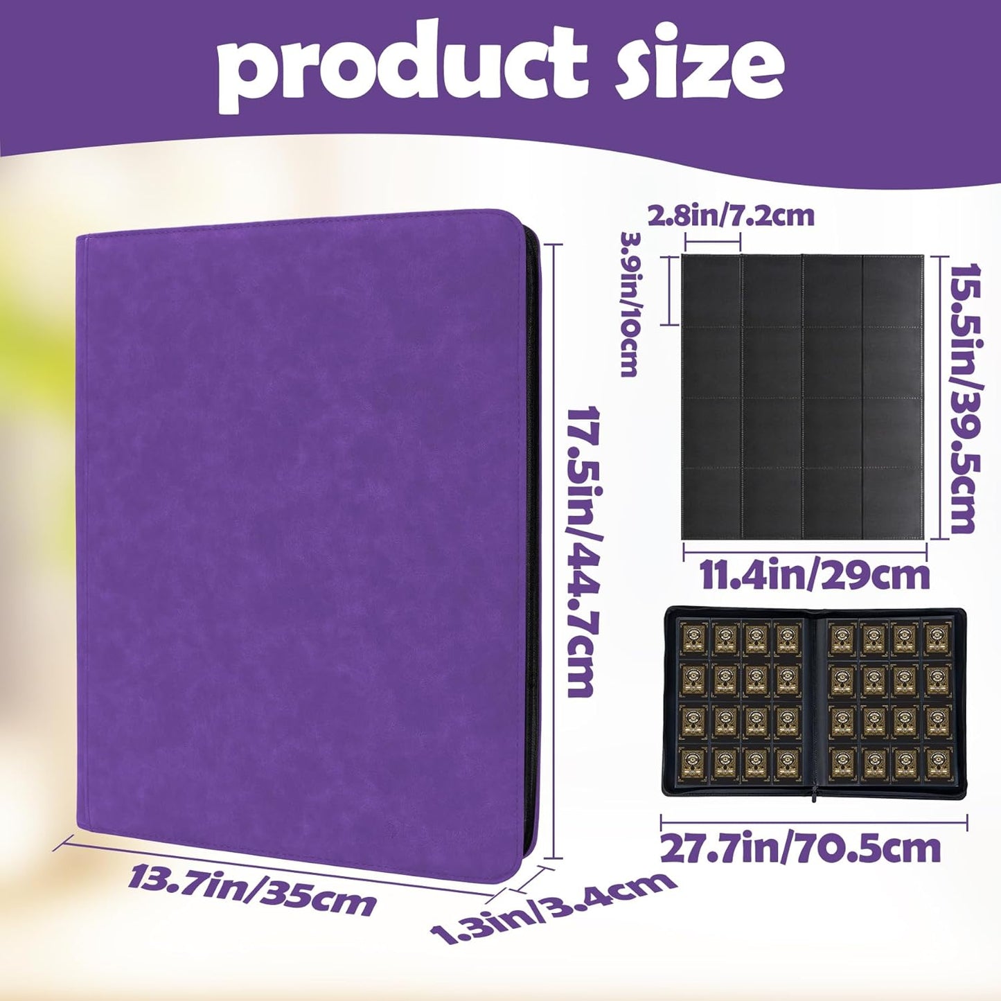 1000+ Pockets Trading Card Binder, 16 Pockets Trading Card Binder Ringless Side Loading Trading Card Album Folder for TCG,MTG,Sports Cards(Purple)