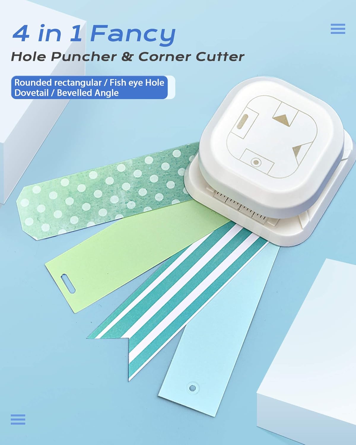 Hole Puncher and Corner Cutter, 4 in 1 with One Oval & Fish Eye Hole, Dovetail & Bevelled Angle Paper Hole Punch for Kids Paper Crafts, Scrapbooking, Card Making, Cardstock, Photo Corners