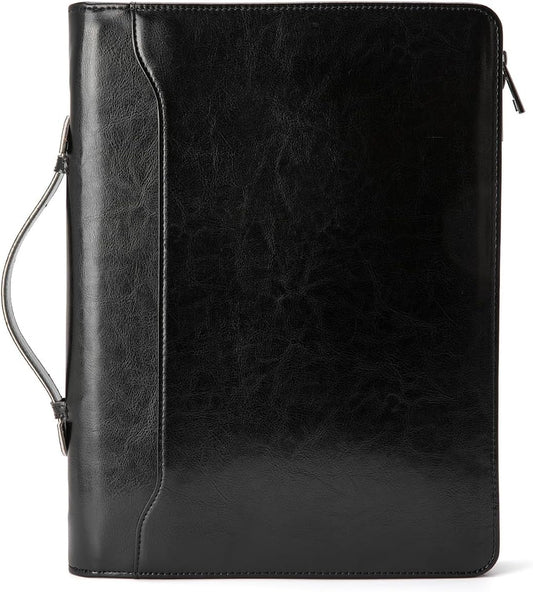 Vegan Leather Portfolio with Hidden Handle, Front Pocket, Business Padfolio Tablet/13” Laptop Organizer, Folio Document Cell Phone Holder, Professional Executive Folder, Black