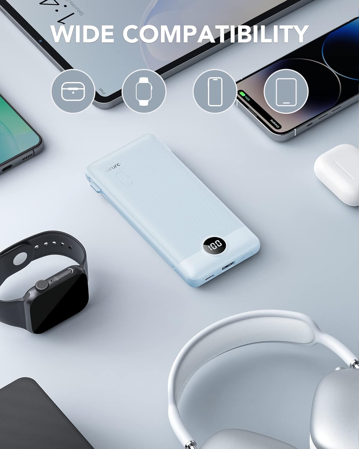 VRURC Portable Charger Built-in Cables and AC Wall Plug, USB C Power Bank 10000mAh, Travel Essentials Phone Charger Compact Lightweight External Battery Pack for Smart Phones, Tablets etc-Blue