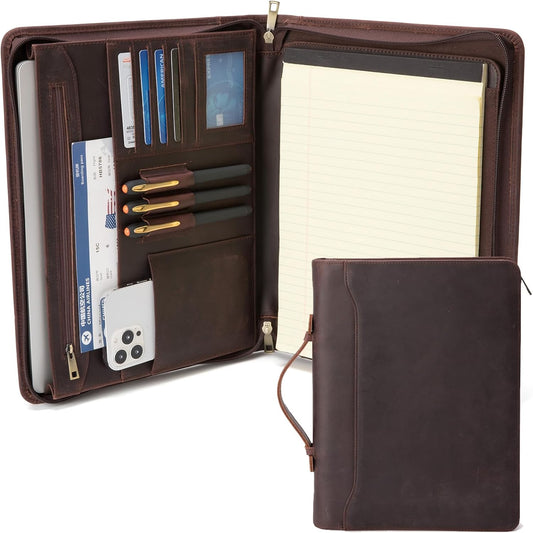 Genuine Leather Portfolio with Hidden Handle, Front Pocket, Business Padfolio Tablet/13” Laptop Organizer, Folio Document Cell Phone Holder, Professional Executive Folder, Dark Brown