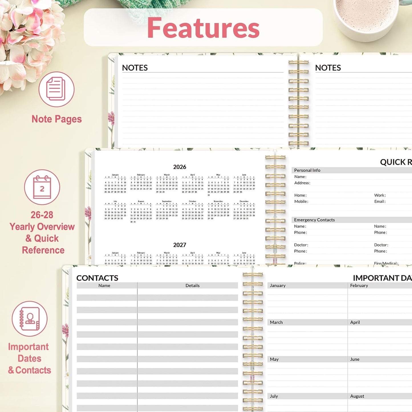 SUNEE 2026 Appointment Planner 15-Minute Time Block – Weekly & Monthly Spiral Organizer with Note Section – Thick Paper, Lay-Flat Bound – 8.5 x 11 for Office, School, Salon, Men & Women, Wildflowers
