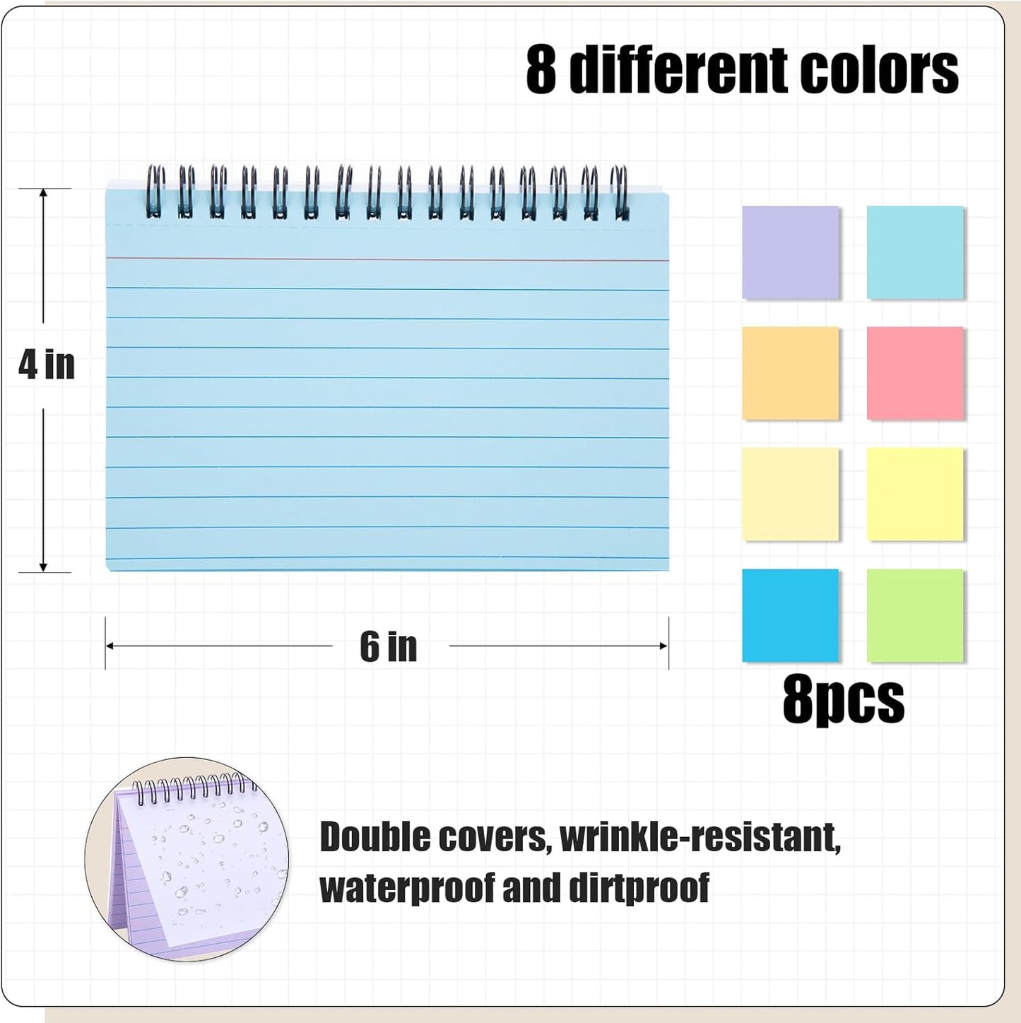 Koogel 400PCS Index Cards, 4x6 Colored Ruled Index Cards with Rings for Back to School, Flashcards Heavy Note Card with Waterproof Covers for Studying Learning School College Office Supplies, 8 Colors