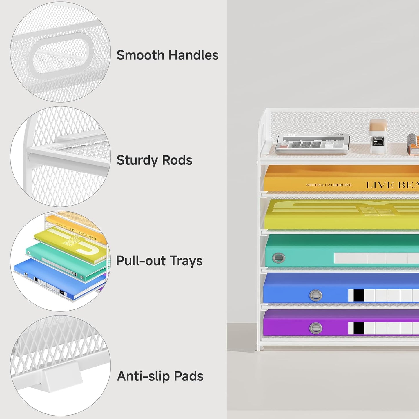 6 Tier Paper Organizer with Handle, Metal Desk Organizer Mesh Paper Letter Tray Desktop File Folder Document Sorter for Classroom, School, Office Accessories Organization and Storage - White
