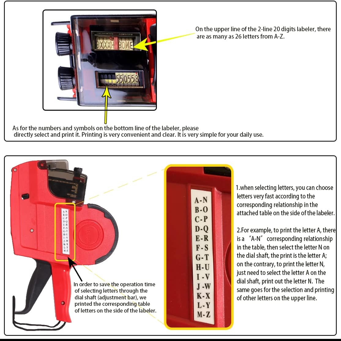 2-Line 20 Digits Price Label Gun with Letters A-Z,Pricing Labeler with 5 Rolls/2800 Stickers 3 Inkers,Tag Maker Machine for Office Retail Shop Grocery Store Yard Sale