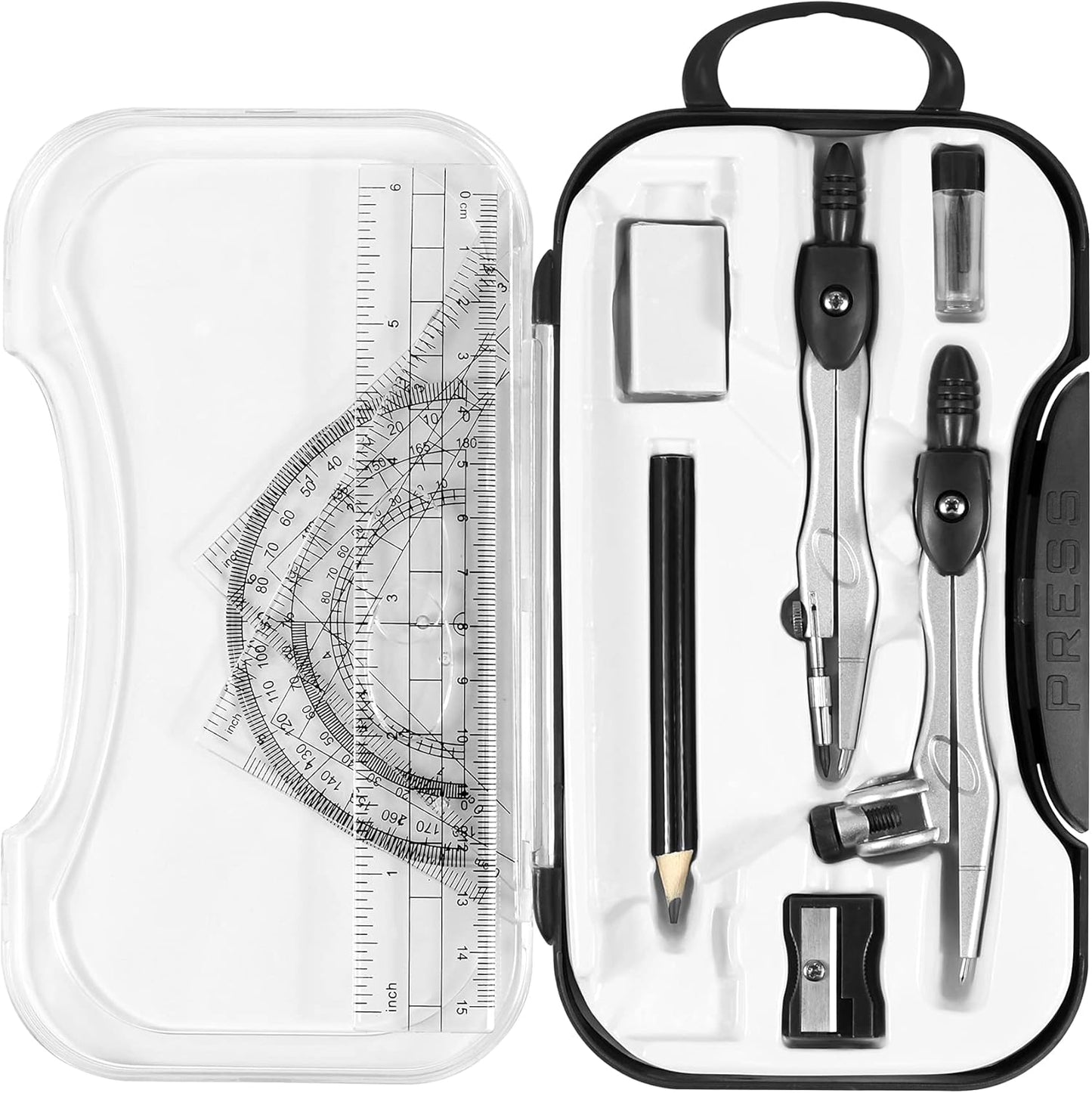 10 Pieces Math Geometry Kit Set Student Supplies with Shatterproof Storage Box,Includes Rulers,Protractor,Compass,Eraser,Pencil Sharpener,Lead Refills,Pencil,for School and Drawings（Black）