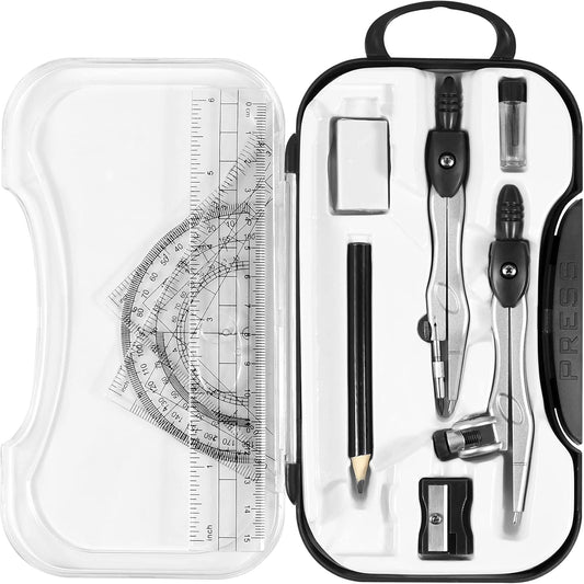 10 Pieces Math Geometry Kit Set Student Supplies with Shatterproof Storage Box,Includes Rulers,Protractor,Compass,Eraser,Pencil Sharpener,Lead Refills,Pencil,for School and Drawings（Black）