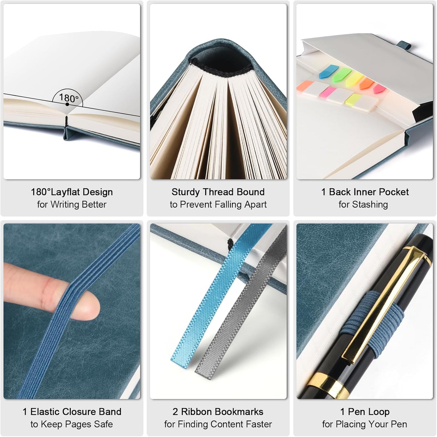 Graph Paper Notebook, 312 Numbered Pages B5 Hardcover Leather Journal, 100gsm No Bleed Grid Paper Notebook with Index Pages, Grid Notebook for Graphing Notes Math, 7.6'' X 10'', Grey Blue