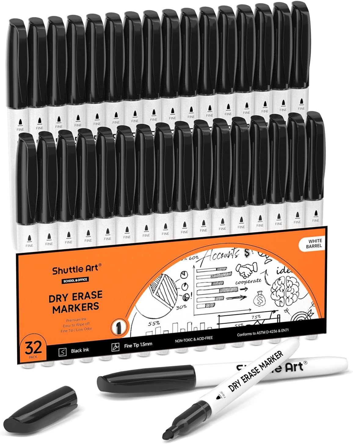 Shuttle Art Dry Erase Markers, 32 Pack Black Whiteboard Markers,Fine Tip Dry Erase Markers for Kids,Perfect for Writing on Whiteboards, Dry-Erase Boards,Mirror,Calender,School Office Supplies