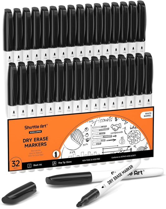 Shuttle Art Dry Erase Markers, 32 Pack Black Whiteboard Markers,Fine Tip Dry Erase Markers for Kids,Perfect for Writing on Whiteboards, Dry-Erase Boards,Mirror,Calender,School Office Supplies