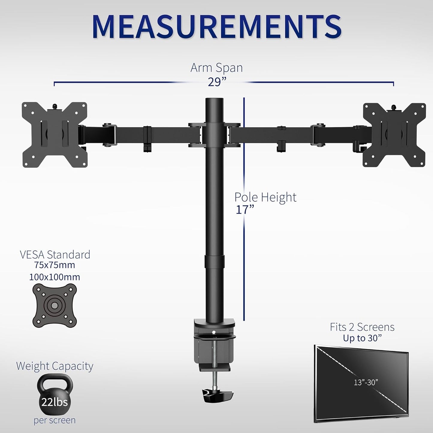 VIVO Dual Monitor Desk Mount, Holds 2 Computer Screens up to 30 inches and 22lbs Each, Heavy Duty Fully Adjustable Steel Stand with C-Clamp and Grommet, Black, STAND-V002