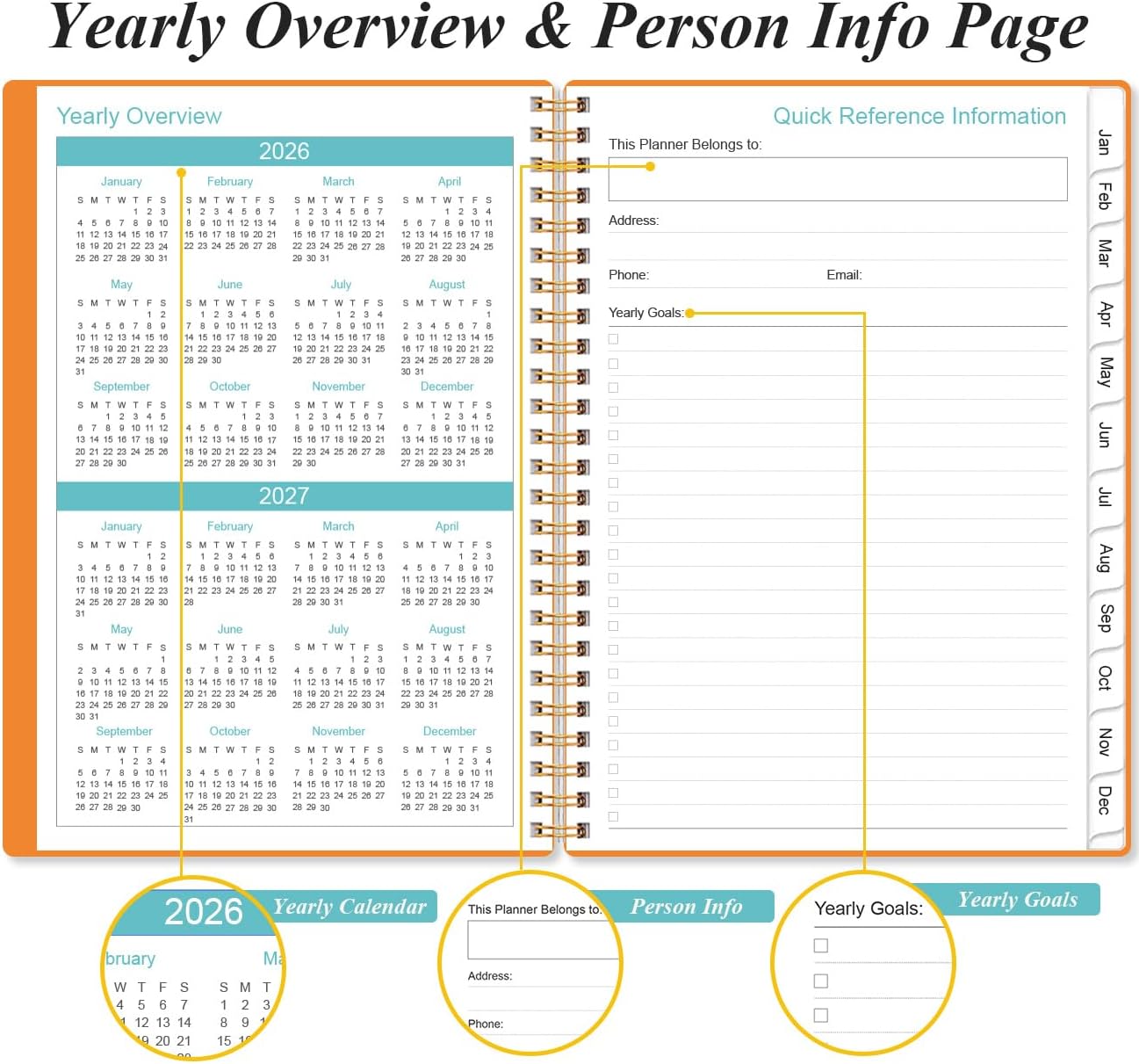 2026 Planner - Weekly and Monthly Calendar Planner from Jan 2026 - Dec 2026, Planner 2026 Spiral Bound with 12 Monthly Tabs, Inner Pocket, Perfect for School Office Supplies, 6.4" x 8.5", Orange-C