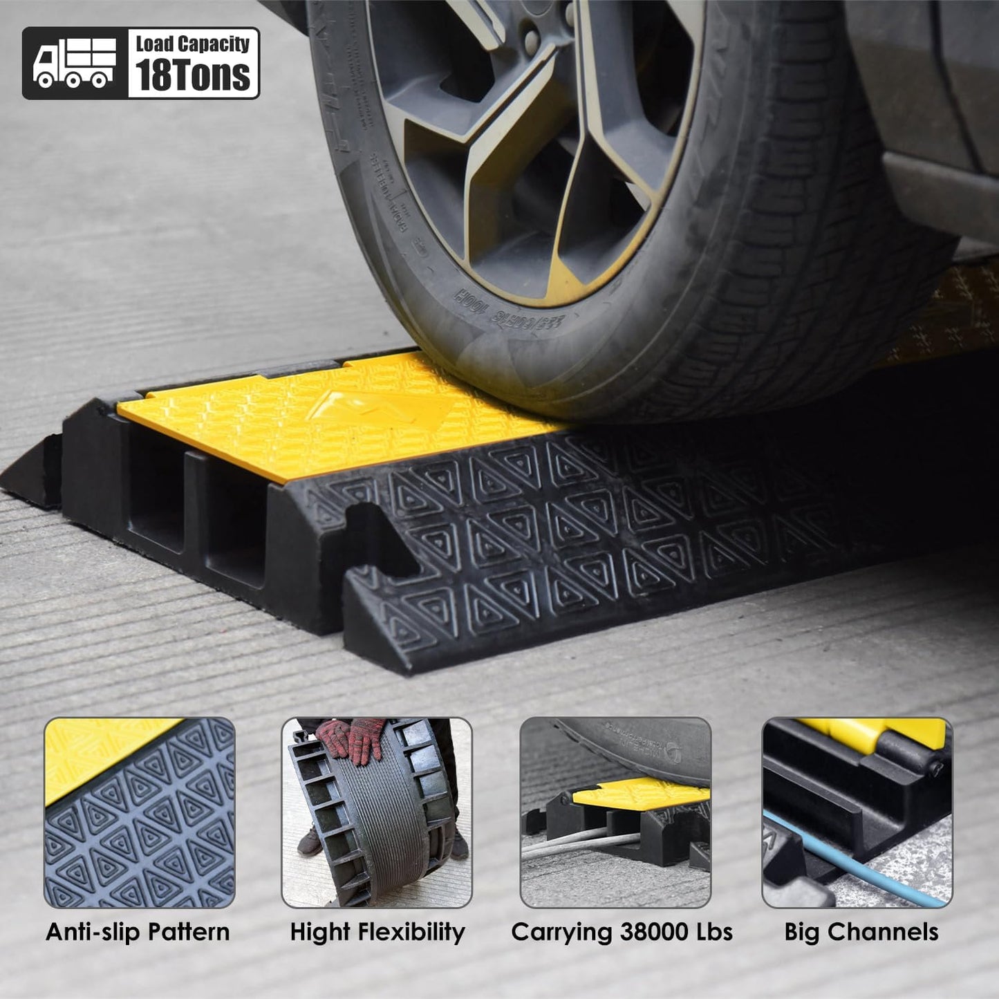 2 Large Channels Rubber Floor Cable Protector Ramp, Heavy-Duty Floor Cable Wire Cord Cover Speed Bumps, Driveway Hose Cable Ramp Protective Cover (2 Large Channels)