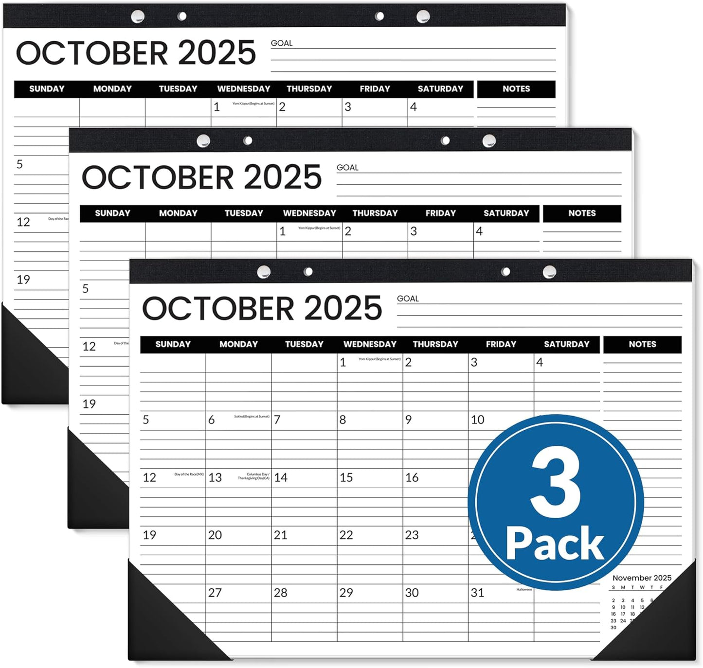 SUNEE Desk Calendar 2025-2026 3 Packs - 18 Month Calendar Oct 2025 - Mar 2027, 17" x 12" Desktop Calendar with Notes, for Planning, Organizing in Family, School or Office - Black 2026 Calendar