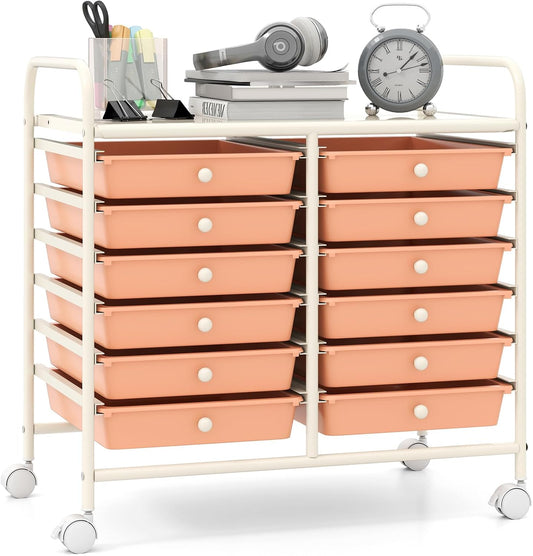 Giantex 12 Drawers Rolling Cart, Mobile Storage Drawer Cart, Classroom Organizer Cart for Office School Supplies Tools Scrapbook Paper Craft Small Printer, Utility Cart on Wheels, Peach Fuzz