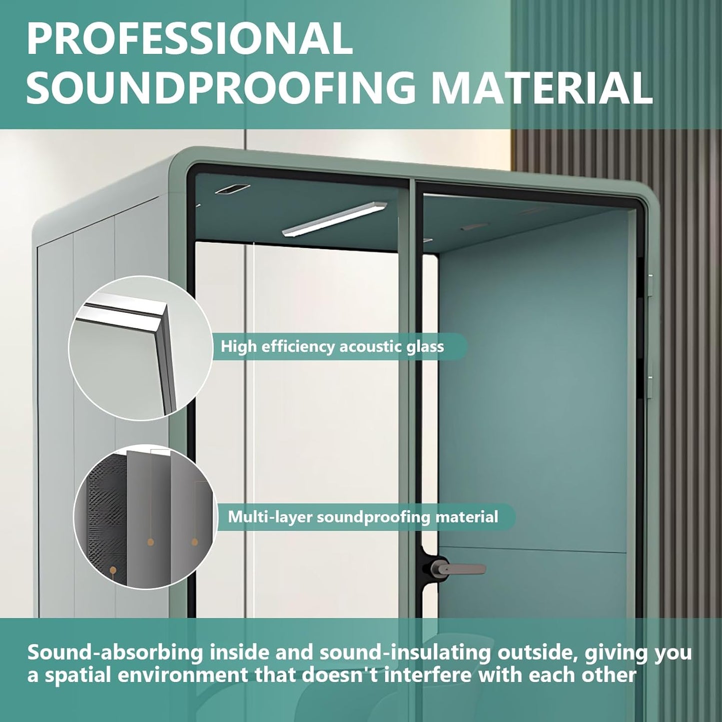Office Sound Booth with Audio Privacy - Soundproof Recording Booth Includes Green Frame with Curved Corners,Soundproof Room with Light,Steel Plate Structure for Study (62.99IN)