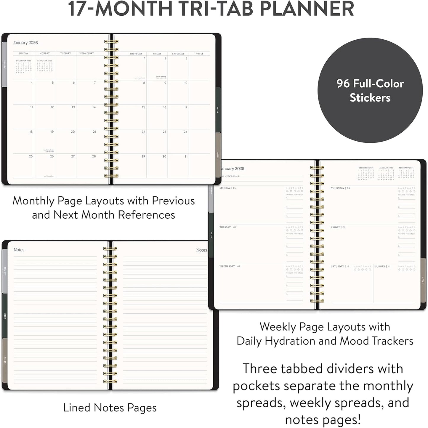 Orange Circle Studio Academic Planner 2025-2026, Amazon Exclusive, Black, Tri-Tab Planners, 17-Month Triple-Section, August 2025 to December 2026, 9.6" x 7", Weekly Monthly Planner Calendar for School or Work, Note Pages