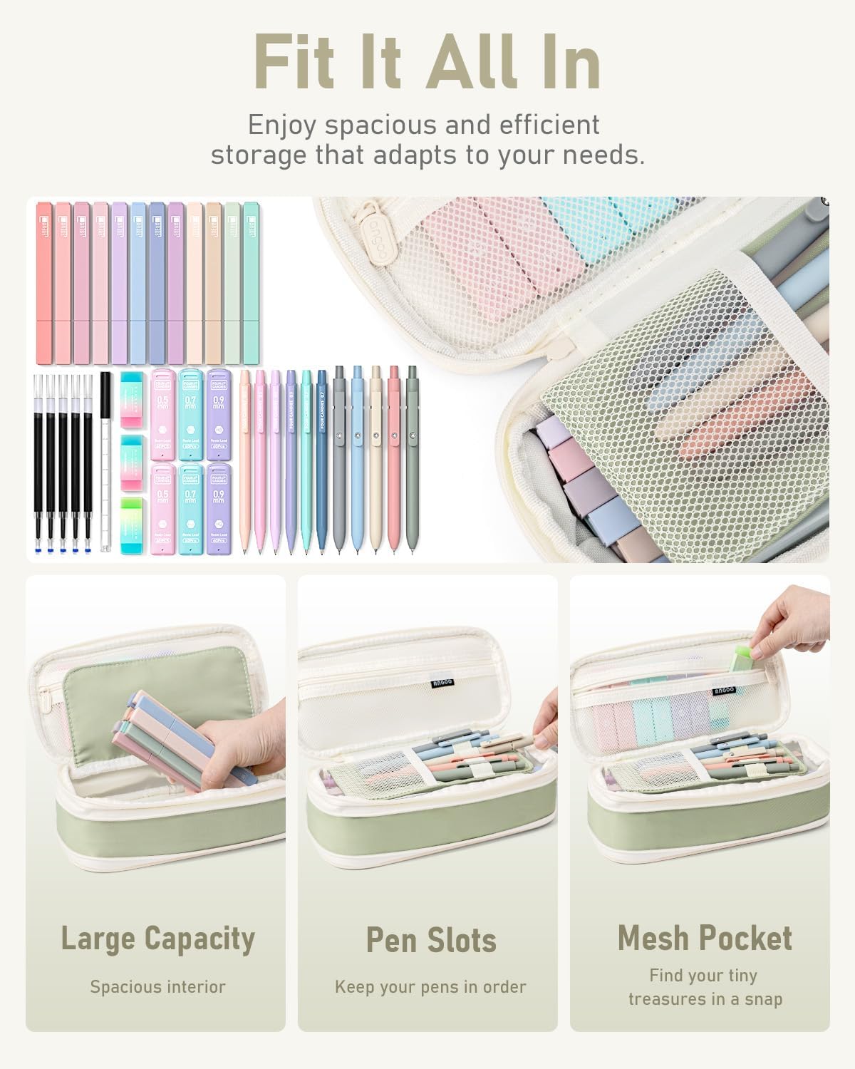 Four Candies 39 PCS Aesthetic School Supplies with Cute Pen Case, 12 Pastel Highlighters, 5 Black Ink Gel Pens, 6 Mechanical Pencils Set 0.5 & 0.7 mm for Students Stationary College Essentials (Green)