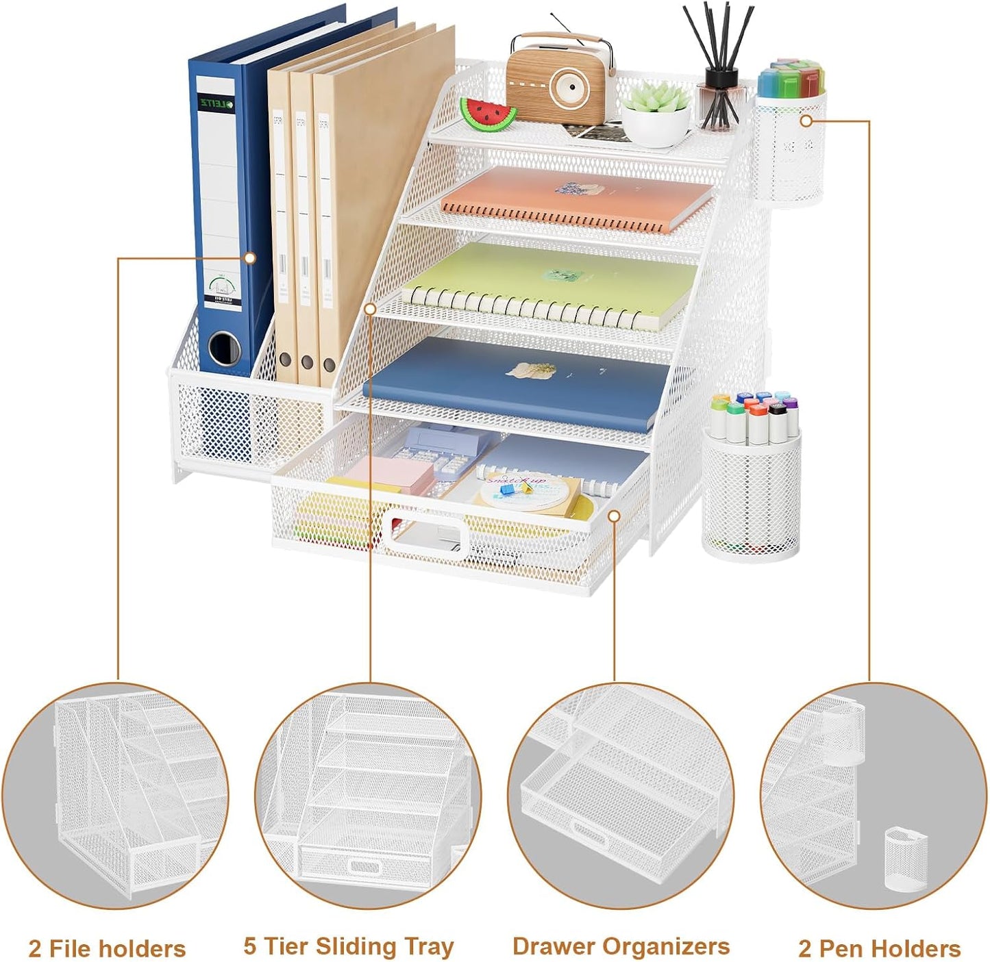 Marbrasse Desk Organizer with File Holder, 5-Tier Paper Letter Tray Organizer with Drawer and 2 Pen Holder,Mesh Desk Organizers and Accessories,Desktop Organizer and Storage for Office Supplies(White)