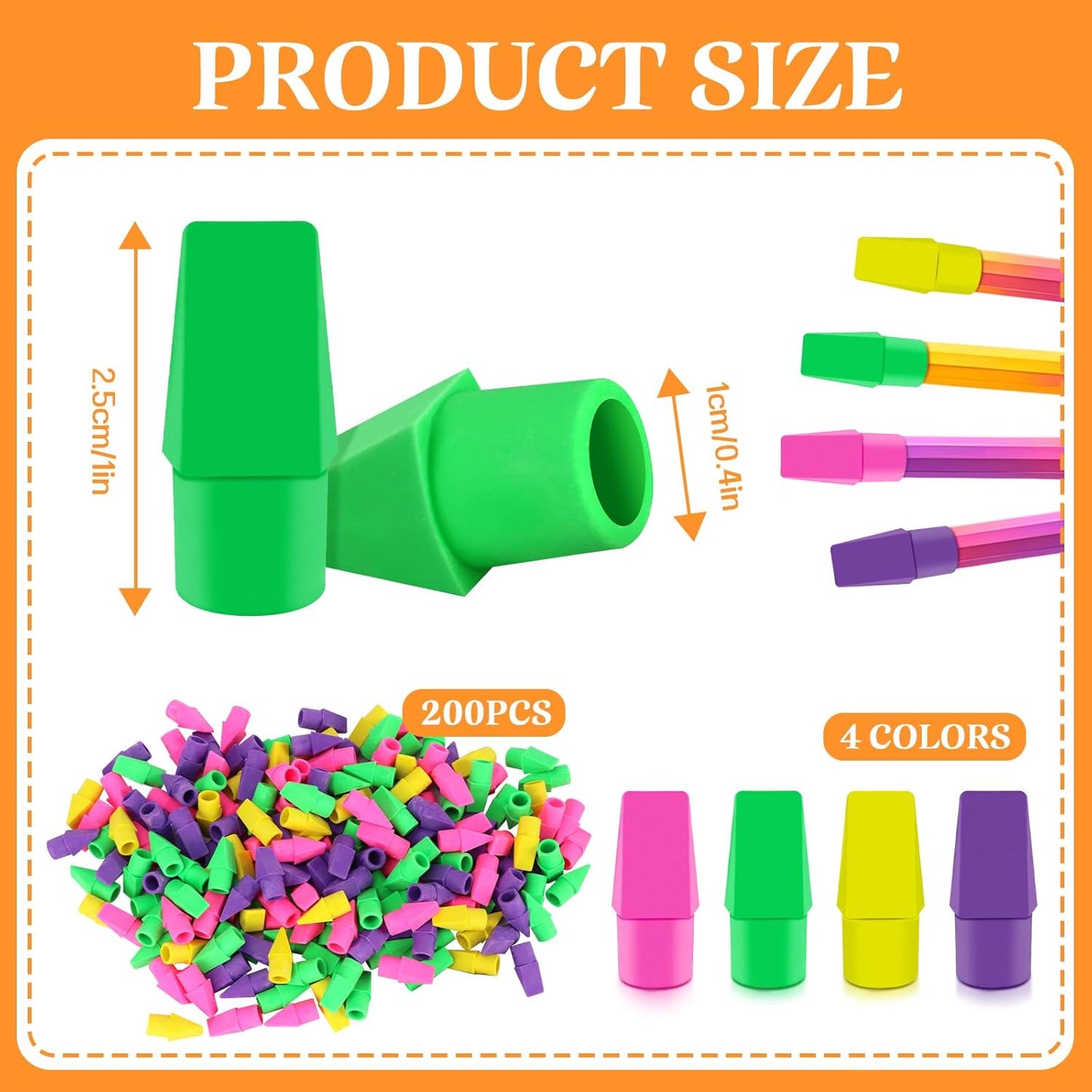 PRALB 200PCS Multicolor Pencil Top Eraser Caps - Bullet Tip Erasers in Pink, Purple, Green & Yellow | Bulk Pack for School, Office, Party Favors & Classroom Rewards