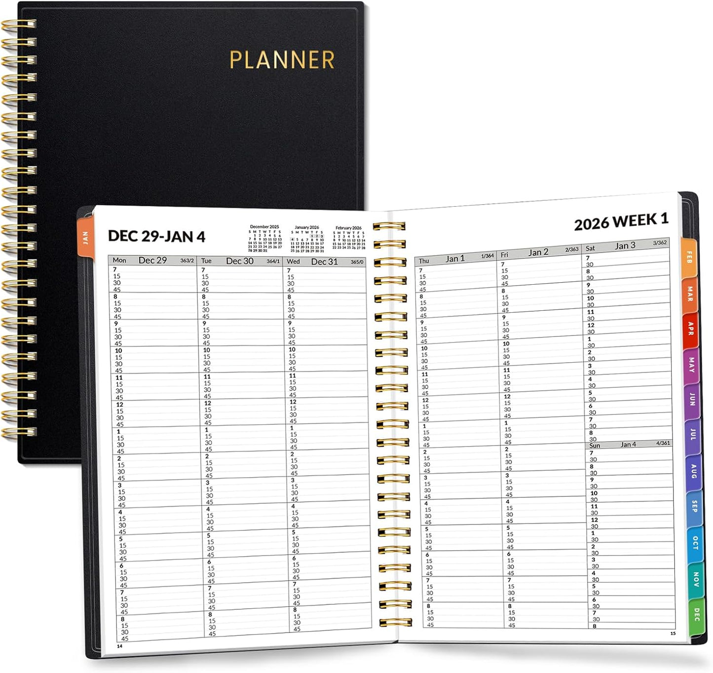 SUNEE 2026 Appointment Book, Quarter-Hourly, Weekly & Monthly - from January 2026 - December 2026, 6.4"x8.3" Weekly Planner, Flexible Cover, Note Pages, Pockets, Bookmark, Spiral Binding, Black
