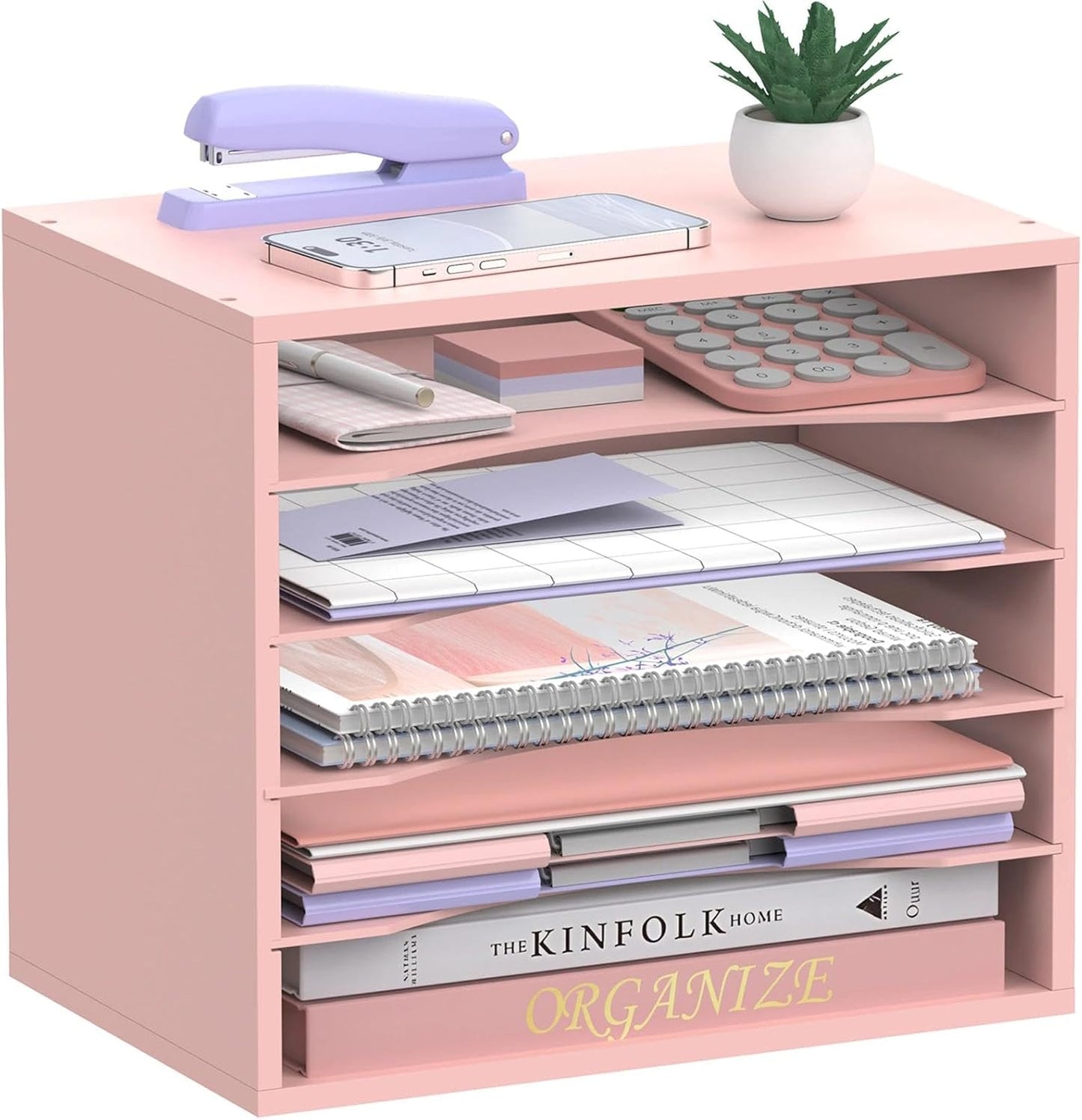 5-Tier Wood Desk Organizer, Paper Tray Organizer for Desk with Adjustable Storage Shelves, Desktop Paper Sorter Mail Holder for Office Home Classroom, Pink