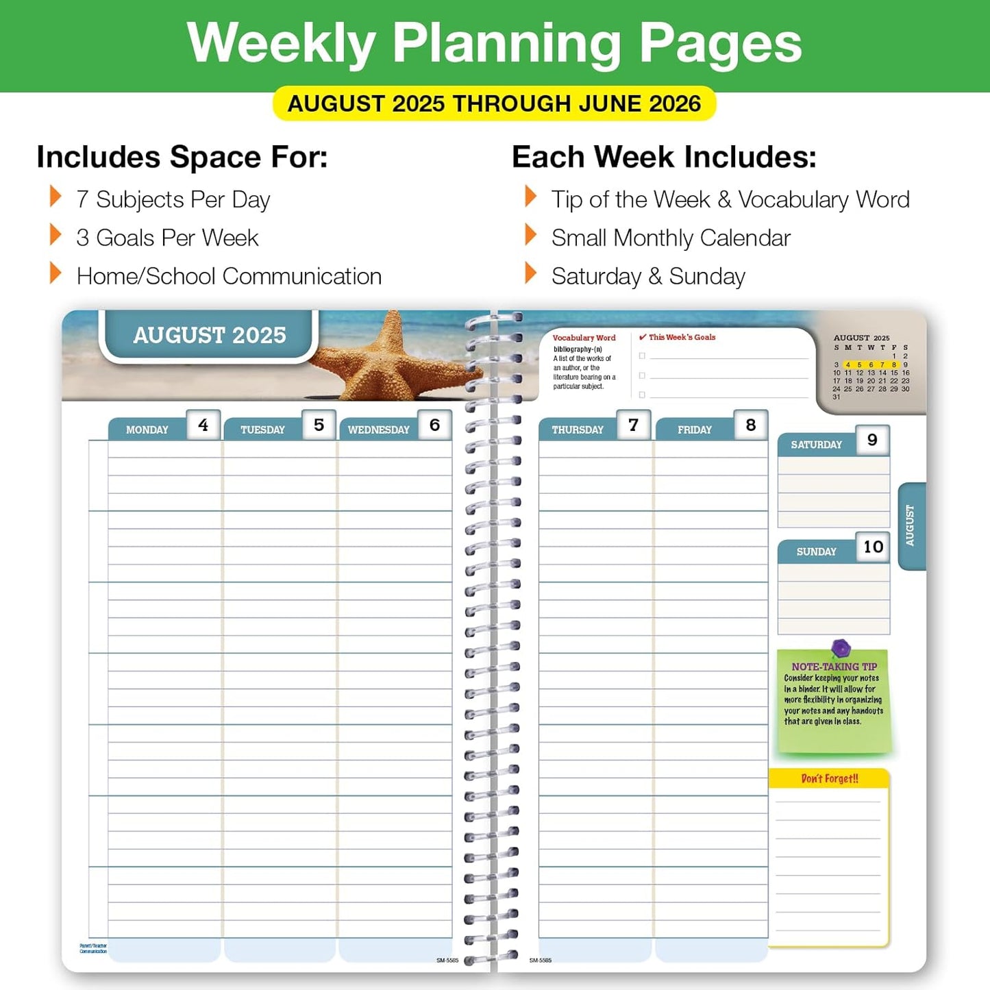 Global Datebooks Dated Middle School or High School Student Planner for Academic Year 2025-2026 Includes Ruler/Bookmark and Planning Stickers (Matrix Style - 5.5"x8.5" - Slant)