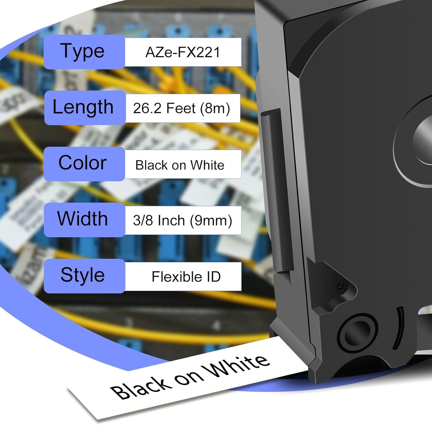 2 Pack 9mm 0.35 TZe-FX221 Laminated Tape Compatible for Ptouch TZ TZe Flexible ID Cable Wires Labels Black on White 3/8" for PT-PD200 D210 D400 D600 H100 H110 P300BT P700 P710BT