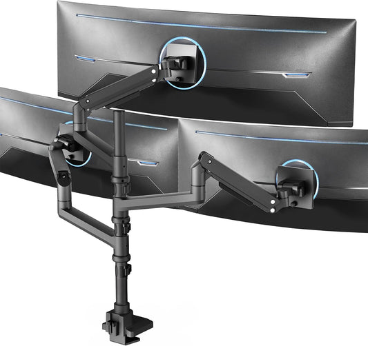 VIVO Pneumatic Arm Triple Ultrawide Monitor Extra Tall Desk Mount for Up to 49 inch Screens, Heavy Duty Clamp, Holds 3 Ultra Wides Up to 44 lbs, Black, STAND-V300D