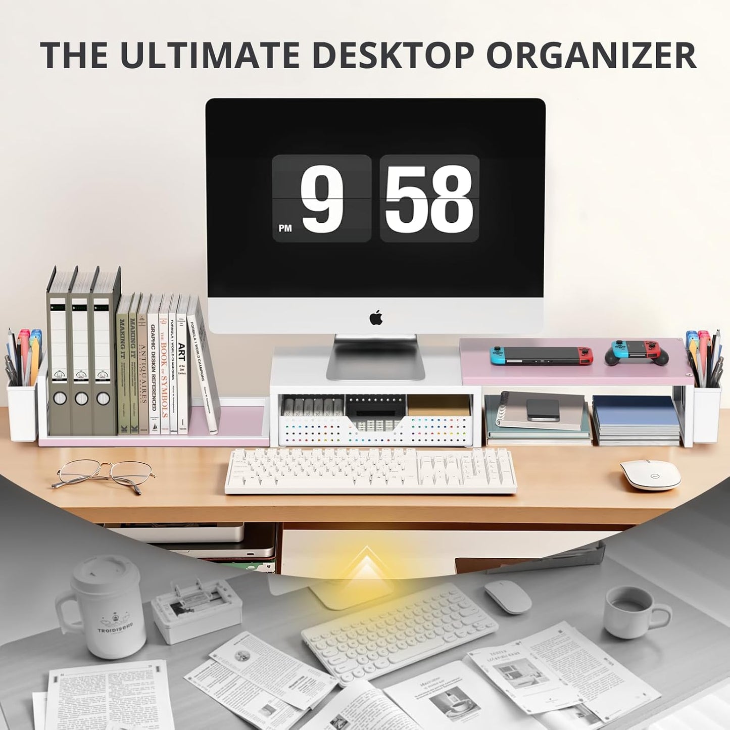 Desk Dual Monitor Stand Riser - Desk Organizer with Drawer and Pen Holders, Office Desk Accessories & Workspace Organization, Computer Monitor Stand for Laptop, Printer(Pink＆ White)