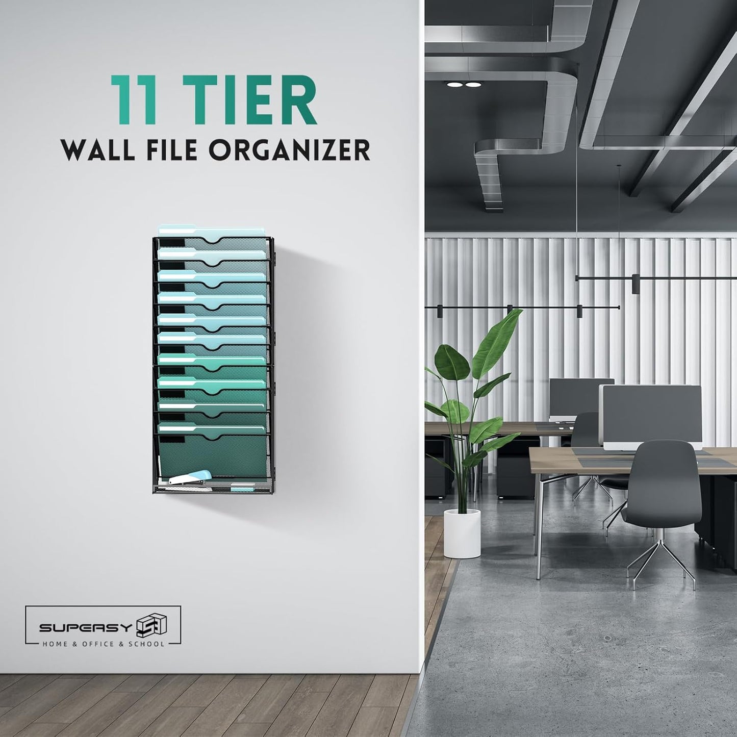 SUPEASY 11-Tier Wall File Organizer, Hanging Wall Files for Papers, Folders, Magazines, Wall Organizer for Clipboard, Assembly Needed, Black