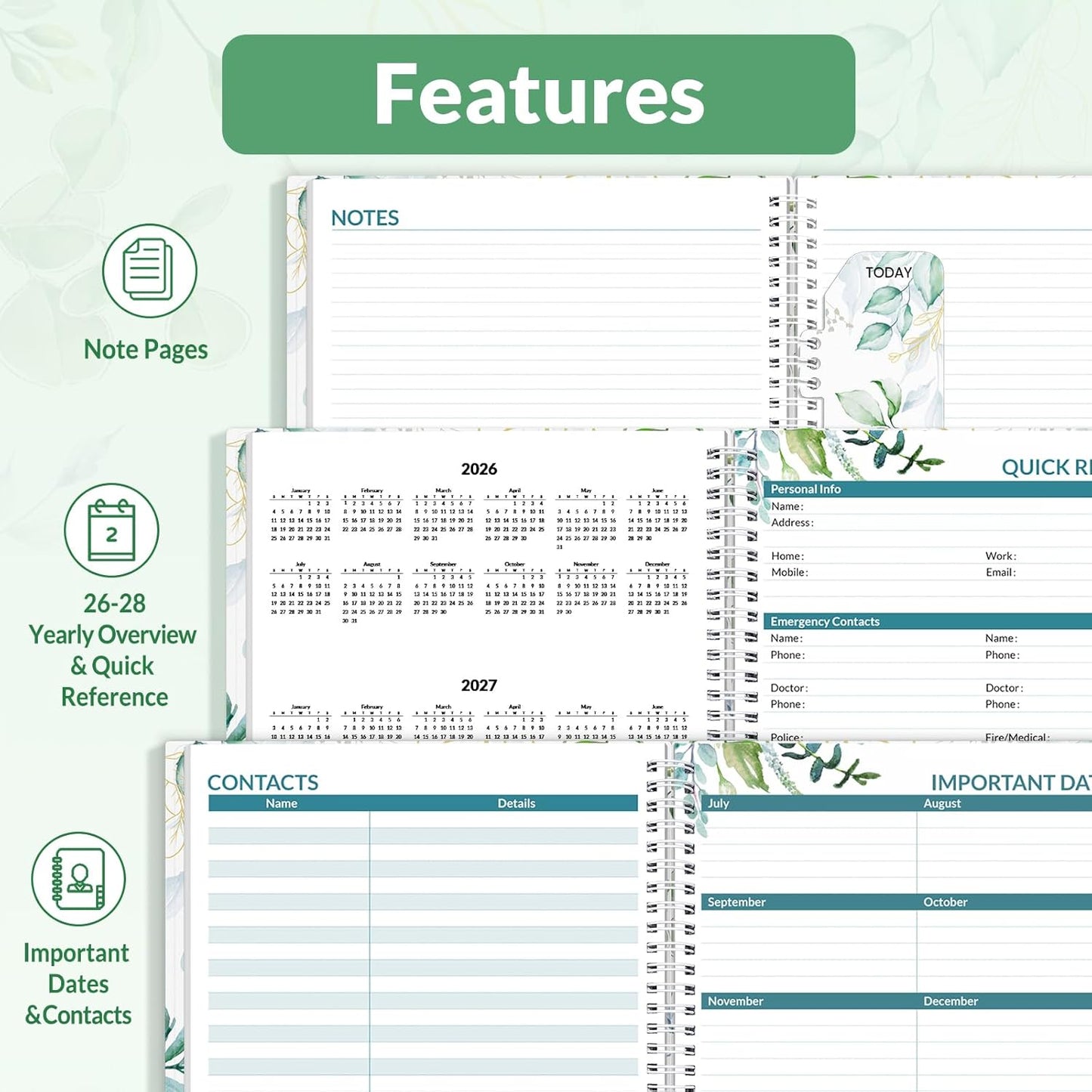 SUNEE 2026 Weekly and Monthly Planner - from January 2026 - December 2026, 6.4" x 8.3" Daily Agenda Planner with Monthly Tab, Flexible Cover, Note Pages, Pockets, Bookmark, Spiral Binding, Greenery