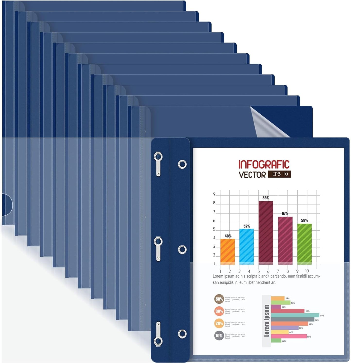 HAUTOCO 12 Pack Plastic Report Covers with 3-Prong Fasteners Clear Front Resume Portfolio Folder for 8.5x11 Letter Size Paper, Presentation Document Report Folders for Office School Use, Navy Blue