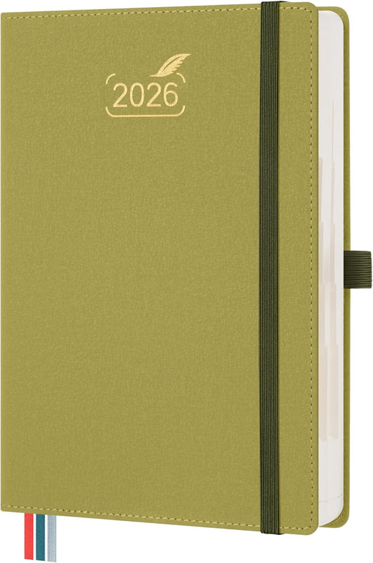 BEZEND Daily Planner 2026 (6" x 8.5") Full Page per Day Even Weekend (Jan-Dec) Monthly Calendar with Tabs, 2 Columns for Dual Schedule with Note, Vegan Leather Hardcover in Mustard