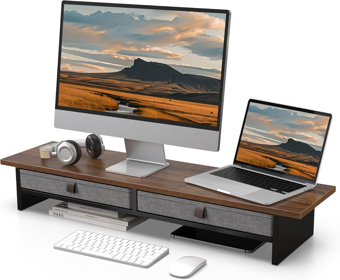 Fenge Monitor Stand with Drawer, 2 Tiers Dual Monitor Riser for Desk, 35 Inch Computer Stand for 2 Monitors, Desk Shelf for Home, Office, Laptop, PC, TV, Printer