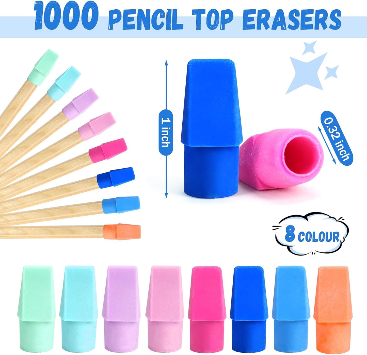 PRALB 1000PCS Pencil Top Eraser Bulk Caps for Pencils,Chisel Shape Erasers Toppers for Party Favors Games Prizes, Pencil Top Erasers Cap for Home School Classroom Office Ocean Color