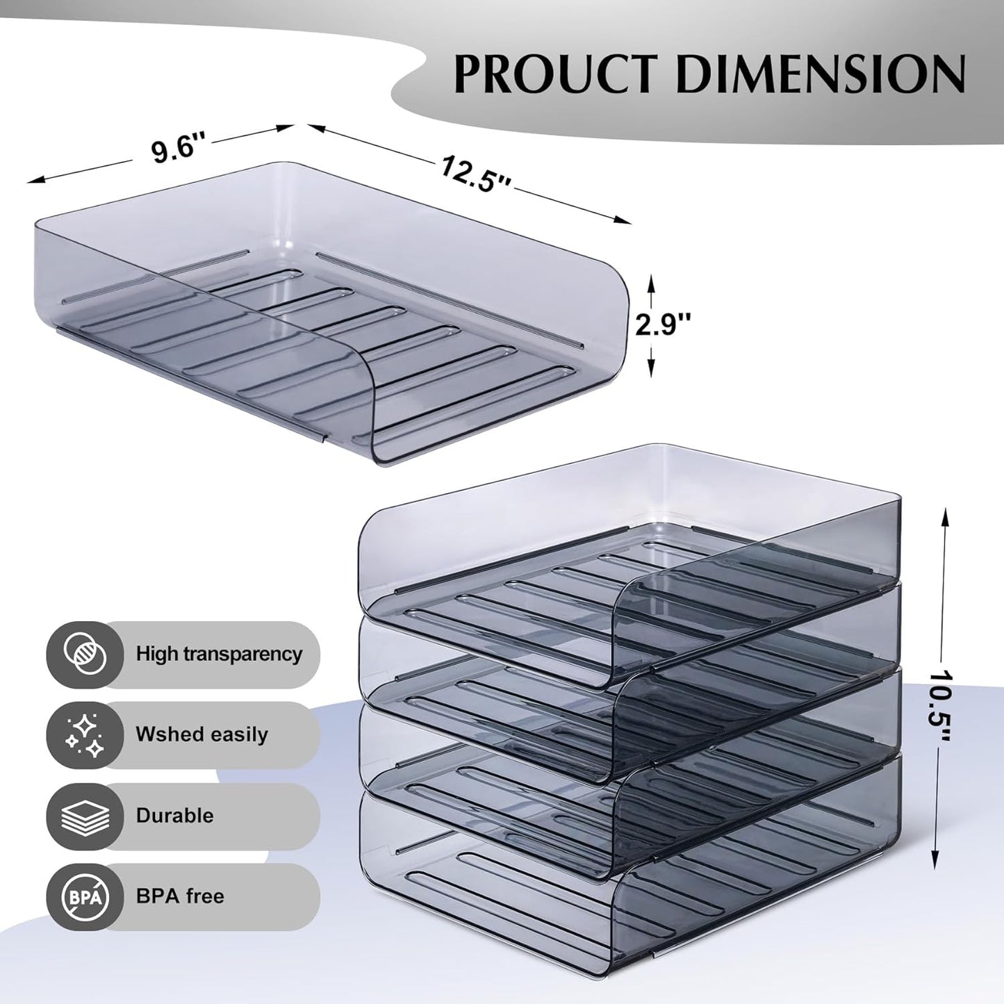 4 Pack Stackable Paper Tray, Clear File Organizer Letter Tray for Desk, Office Organizer and Storage for Desk Accessories, Notes, Books, File Paper, Document, Black