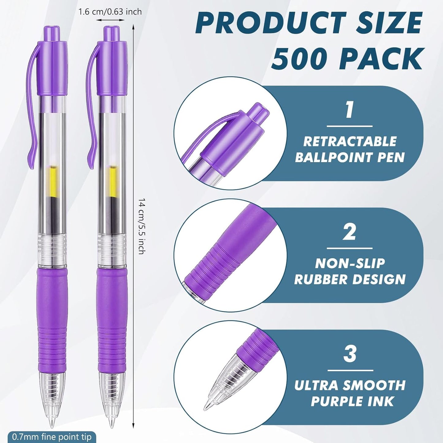 Jetec 500 Pcs Premium Gel Roller Pens Bulk, Fine Point 0.7 mm, Retractable Gel Ink Roller Ball Pens for Writing Journaling Taking Notes Office (Purple)