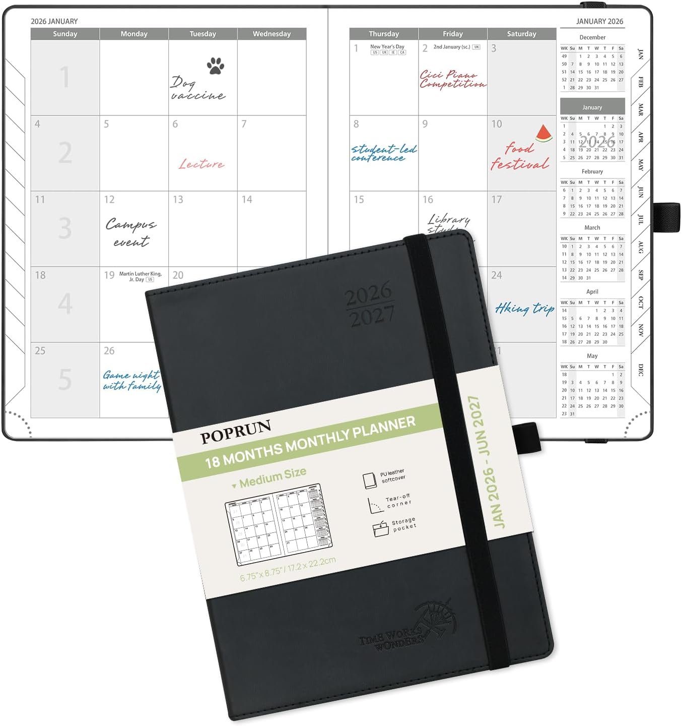 POPRUN Monthly Planner 2026-2027 (Medium- 6.5'' x 8.5'' Soft Cover), 18-Month Calendar Book (Jan.2026 - Jun. 2027), Calendar Planner with Monthly Tabs & Pocket, 100 GSM Paper - Black