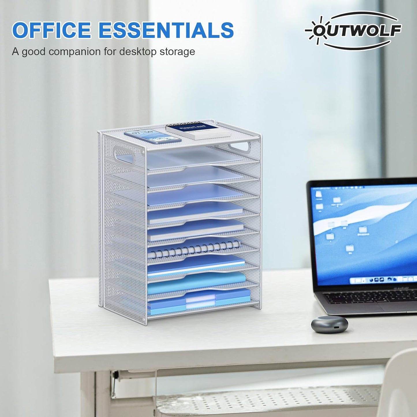 OUTWOLF 10 Tier Paper Organizer - Letter Tray Mesh Desk File Organizer with Handles for Office School Desktop, White