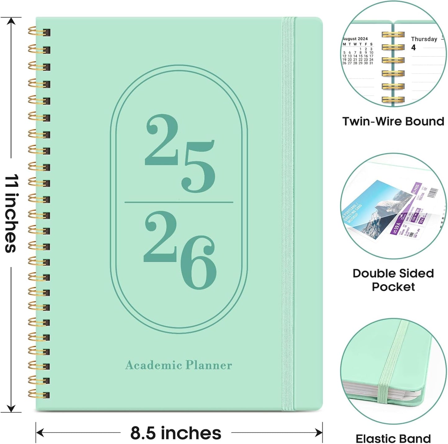 Planner 2025-2026, Academic Year Weekly and Monthly Calendar Planner, July 2025 - June 2026, Spiral Bound School Planning Tool, Perfect for Teacher, Student, Woman & Men - A4 (8.5" x 11"), Seafoam