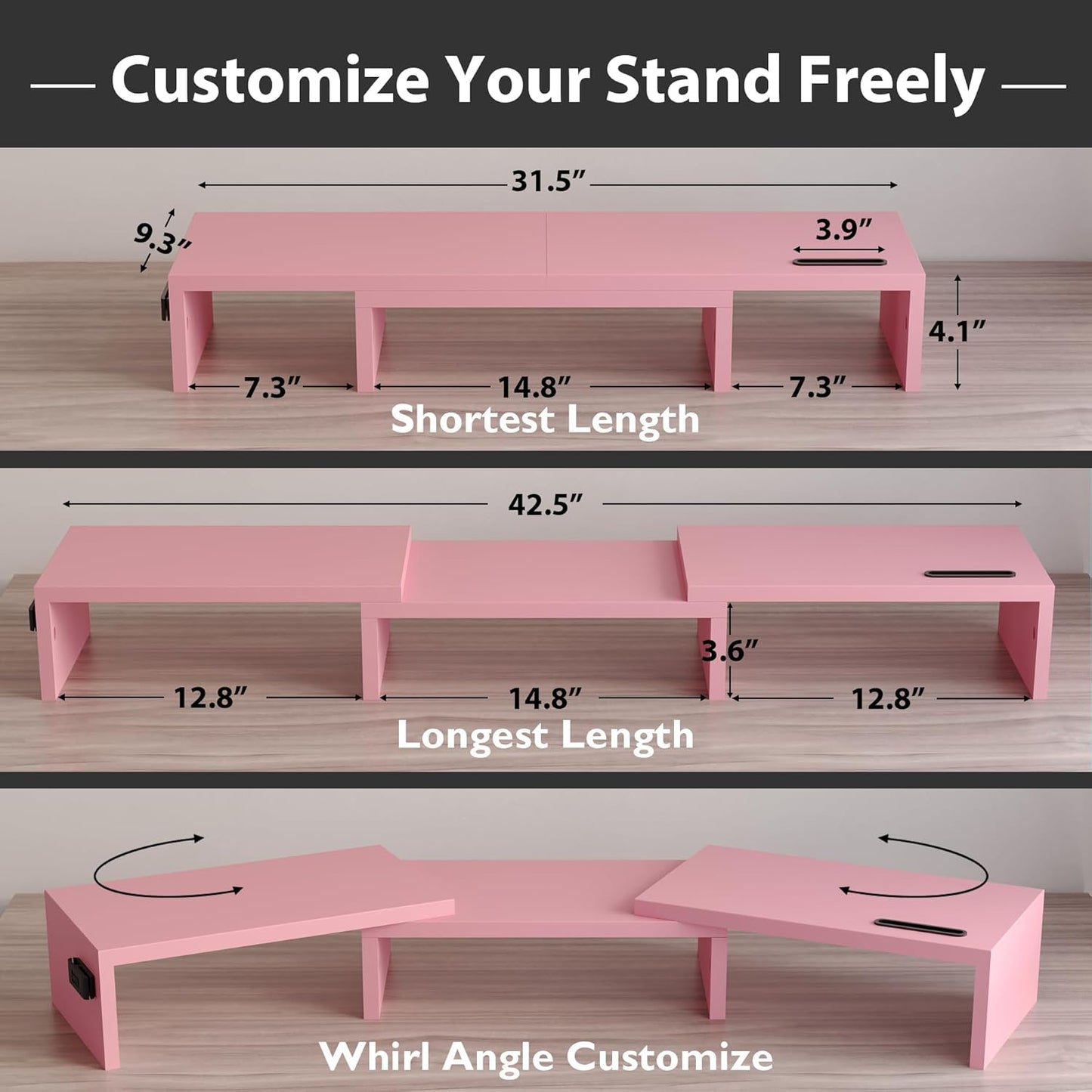 BONTEC Dual Monitor Stand for Desk, Adjustable Length and Angle Monitor Stand Riser with Smartphone Holder, Desk Shelf for Top of Desk, Computer Monitor Stand with Storage, Office Desk Organizer, Pink