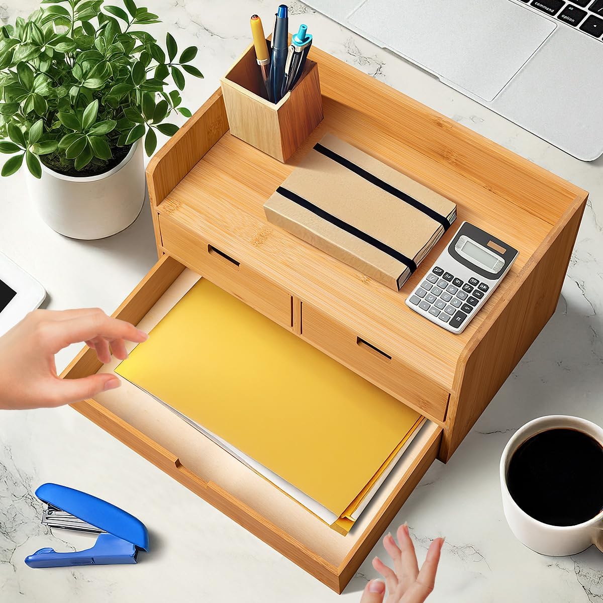 Bamboo Desk Organizer With 3 Drawers Desktop Organizer Modren Table Storage Organizer For Office Home Toiletries Supplies Vanity Kitchen, No Assembly Required, Odorless